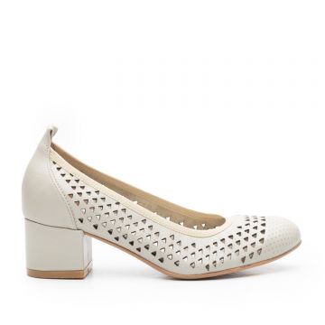 Pantofi casual cu toc damă, perforaţi din piele naturală, Leofex - 248 Bej Box Pantofi casual cu toc damă, perforaţi din piele naturală, Leofex - 248 Bej Box