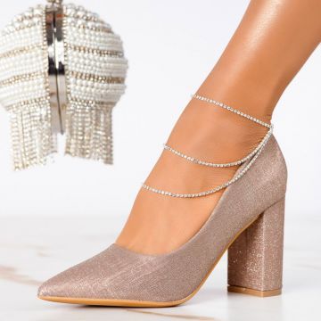 Pantofi Dama cu Toc Anabelle Roz/Aurii #13282