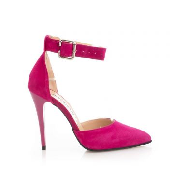 Pantofi eleganți decupați damă din piele naturală - 63175 Roz Fuxia Velur