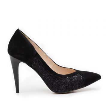 Pantofi stiletto dama din piele naturala - 597-14 negru velur