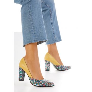 Pantofi cu toc gros piele Elona galbeni