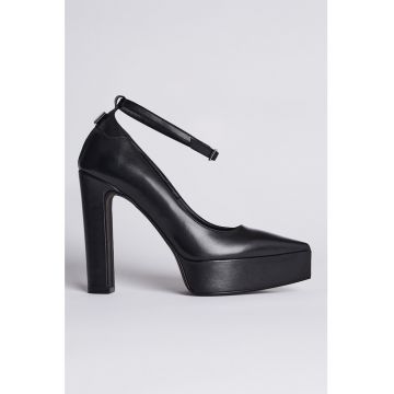 Pantofi de piele cu bareta pe glezna si toc masiv