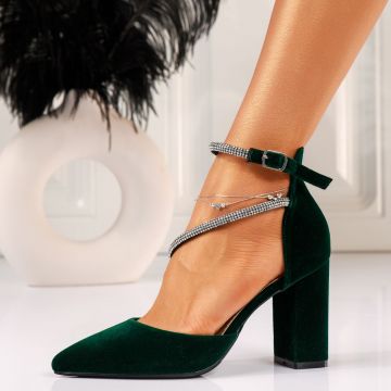 Pantofi cu toc dama verzi din piele ecologica intoarsa Sienna #18335