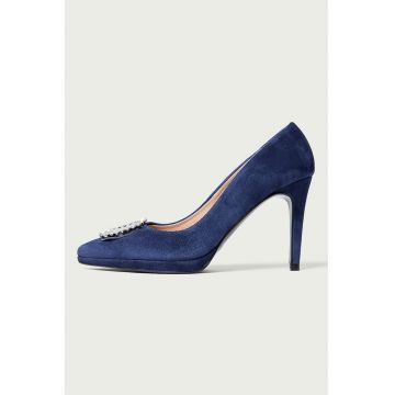 Pantofi din piele intoarsa cu toc stiletto si aplicatie cu strasuri