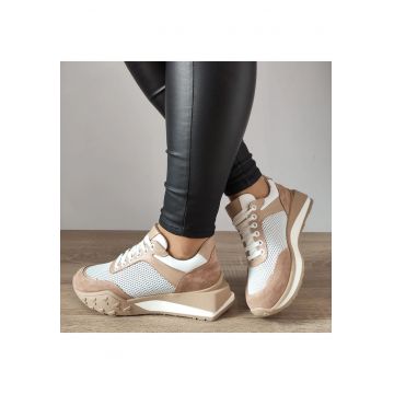 Pantofi Casual Dama  70826 G2077-01157 Albi + Bej Velur - Alb + Bej Velur