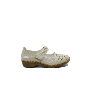 Pantofi perforati cu bareta  bej din piele naturala RIK41399-60