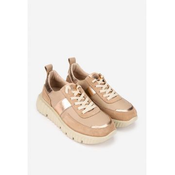 Pantofi dama  taupe din piele cu detalii aurii-roze