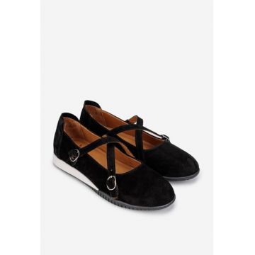 Balerini dama  din piele intoarsa neagra cu barete