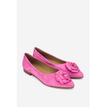 Balerini dama  din piele intoarsa roz cu floare