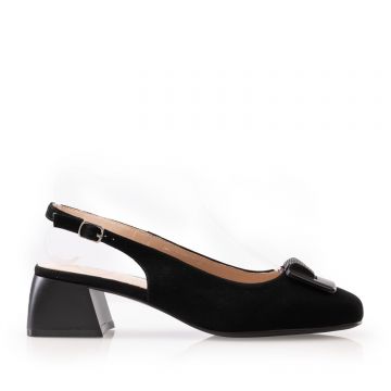 Pantofi casual cu toc damă, din piele naturală - 3508 Negru Velur