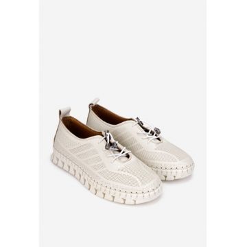 Pantofi dama bej din piele naturala cu siret elastic