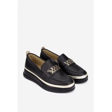 Pantofi dama  negri din piele perforata cu ornament