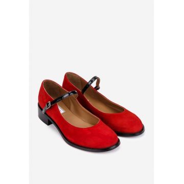 Pantofi dama rosii din piele intoarsa cu bareta si toc mic