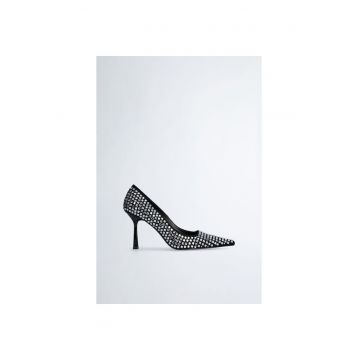 Pantofi stiletto de piele intoarsa si strasuri