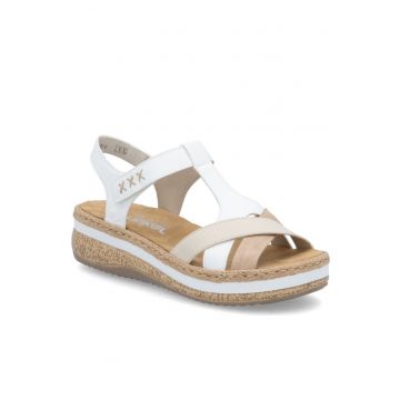 Sandale de damă Rieker cu velcro albe cu platformă combinată V0919-80
