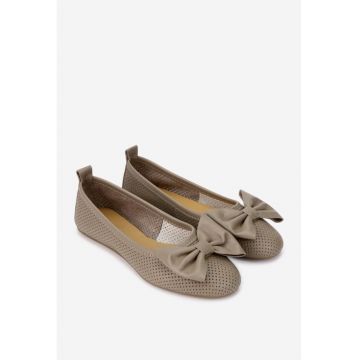 Balerini dama taupe din piele perforata cu funda