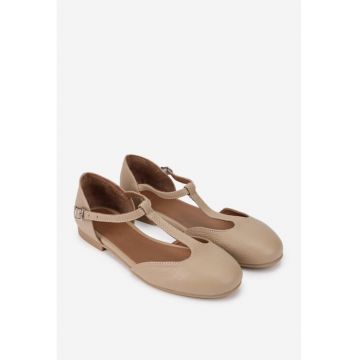 Balerini dama taupe din piele texturata cu bareta in T
