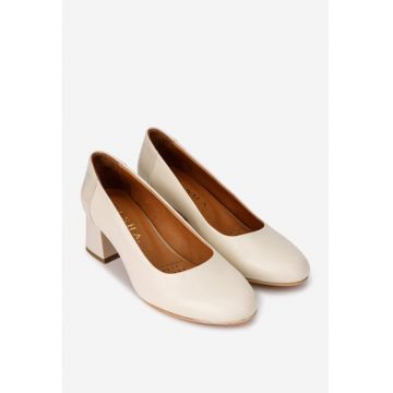 Pantofi dama bej din piele cu toc