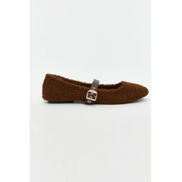 Balerini Mary Jane din material teddy - Maro inchis -