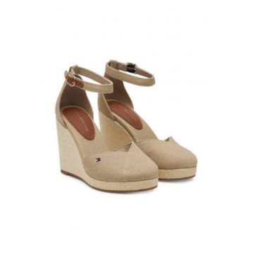 Pantofi dama -  bej - textil - toc plat - inchidere cu catarama