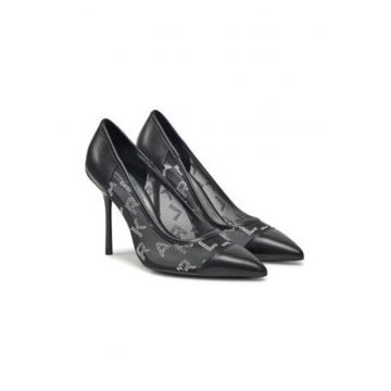 Pantofi dama -  toc inalt - negru - material textil