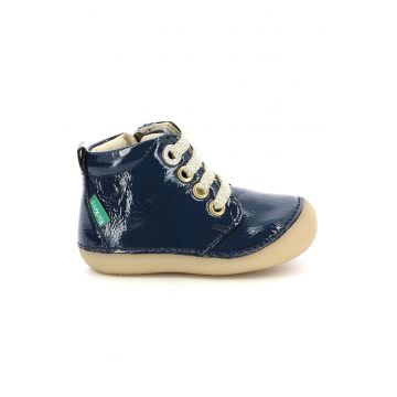 Pantofi sport mid-high de piele lacuita - Albastru inchis/Maro nisip