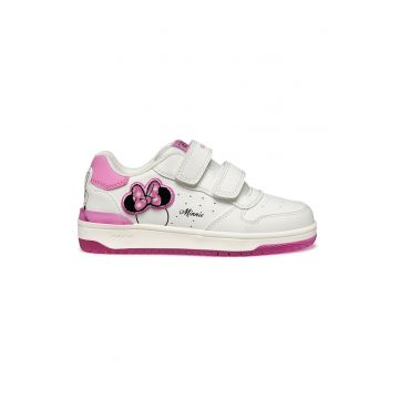 Pantofi sport de piele ecologica cu velcro - Roz pastel/Negru stins/Alb murdar