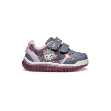 Pantofi sport din piele ecologica cu model grafic si inchidere velcro - Gri/Roz