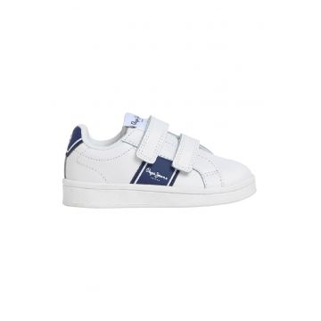 Pantofi sport din piele si piele ecologica cu inchidere velcro - Alb/Gri cenusiu/Bleumarin