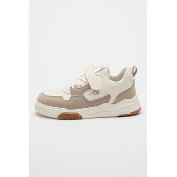 Pantofi sport low-cut de piele ecologica - Maro taupe deschis/Alb murdar