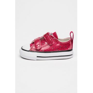 Pantofi sport cu aspect stralucitor si model stele - Roz zmeuriu/Argintiu