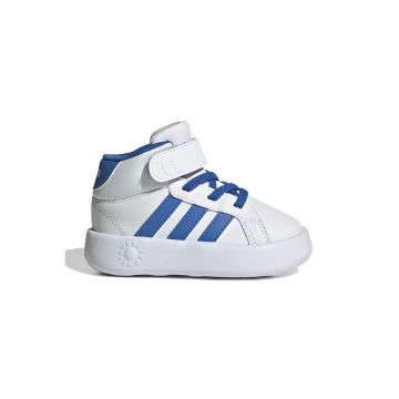 Pantofi sport mid-high de piele ecologica cu velcro Grand Court - Alb optic/Albastru deschis