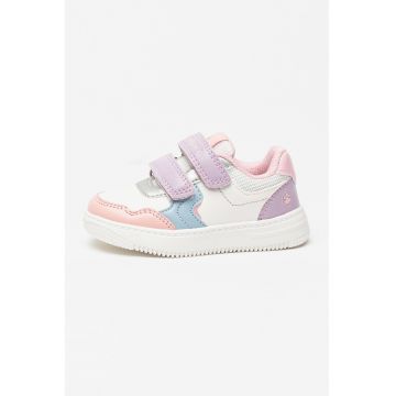 Pantofi sport de piele ecologica cu velcro - Alb/Violet deschis/Piersica