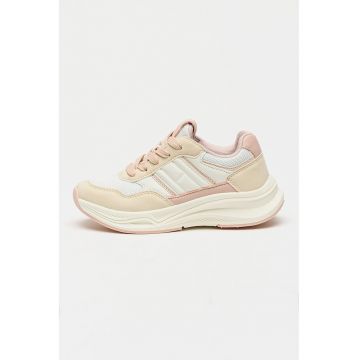 Pantofi sport de piele ecologica si material textil - Alb murdar/Nude