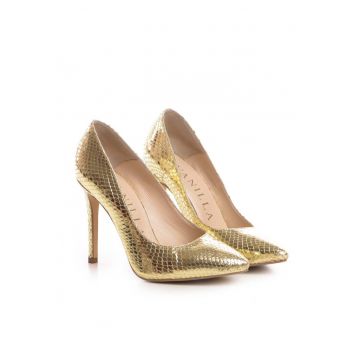Pantofi Stiletto cu toc Corina imprimeu sarpe - aurii