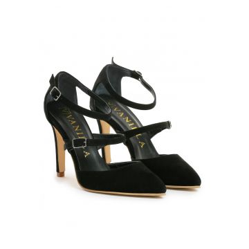 Pantofi Stiletto cu toc subtire Dora - piele naturala intoarsa -negri