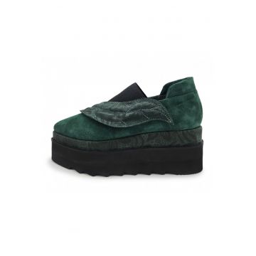 Pantofi wedge slip-on de piele intoarsa cu bareta elastica