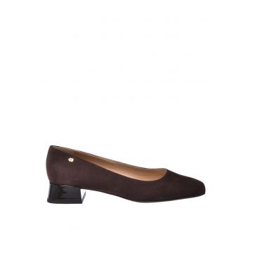 Pantofi Mary Jane din piele intoarsa cu toc masiv