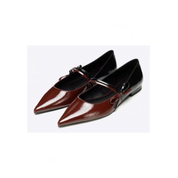 Balerini  din piele ecologica - negru si visiniu - cu barete decorative si varf ascutit