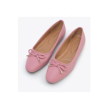 Balerini  piele ecologica - roz - tocul plat - funda decorativa -