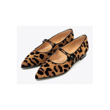 Balerini  piele naturala intoarsa - imprimeu leopard - varf ascutit - curea elastica - maro negru