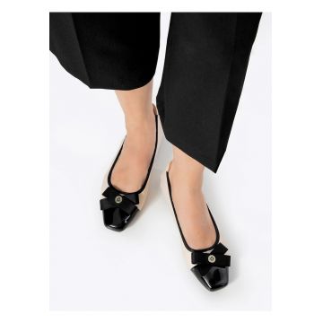 Balerini  piele naturala - negru si bej - varf patrat - funda decorativa