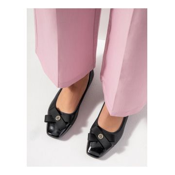 Balerini  piele naturala - negru - varf patrat - funda decorativa