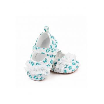 Pantofi  Cu Danteluta Si Floricele - Casual - Textil - Fete - Velcro - Alb - Verde