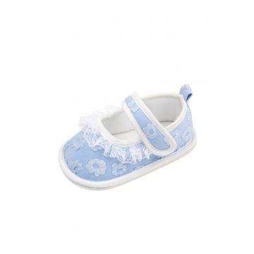 Pantofi  Cu Flori Brodate - Textil - Fete - Velcro - Albastru Deschis