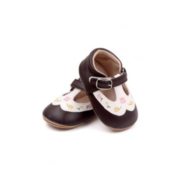 Pantofi  Cu Floricele Colorate Brodate - Casual - Piele ecologica - Fete - Velcro - Alb - Maro