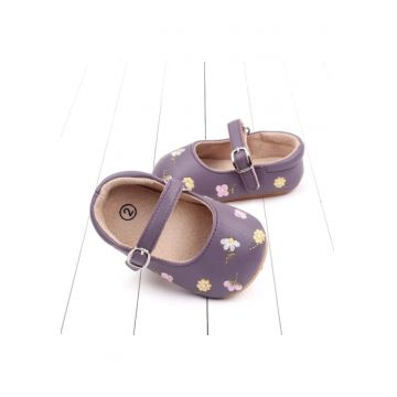 Pantofi  Cu Floricele Colorate Brodate - Casual - Piele ecologica - Fete - Velcro - Mov