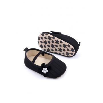 Pantofi  Cu Floricica Alba Decorativa - Casual - Textil - Fete - Banda elastica - Negru