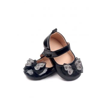 Pantofi  Cu Fundita Cu Strasuri - Elegant - Piele lacuita - Fete - Velcro - Negru