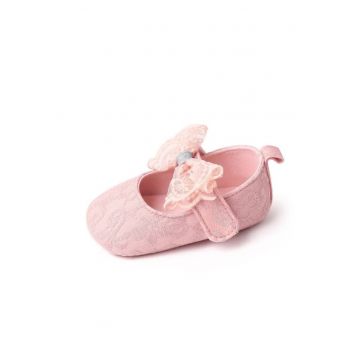 Pantofi  Cu Fundita Din Dantela - Elegant - Textil - Fete - Velcro - Roz